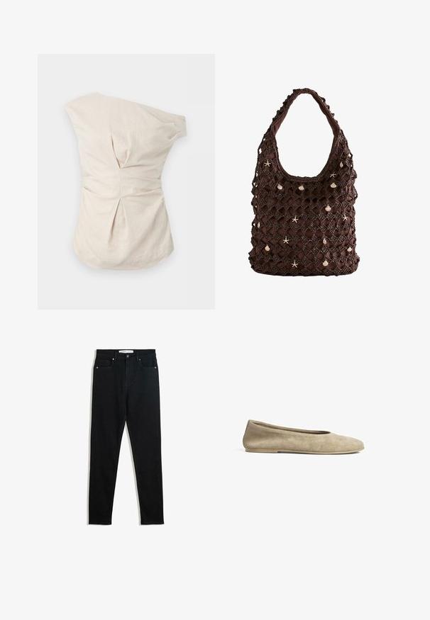 Haut beige en lin à manches courtes, froncé, avec un col asymétrique et des plis rassemblés à l'avant et à la taille.; Jean en denim noir avec une coupe slim, un design à cinq poches, des éléments en métal et une fermeture éclair. Texture lisse avec une légère élasticité.; Ballerines en daim beige à bout rond et semelle plate basse. Texture lisse avec un minimum de détails, offrant un design simple et épuré.; Sac d'épaule en crochet marron avec doublure intérieure, orné de petits charms coquillages et étoiles de mer dispersés sur le motif tissé.