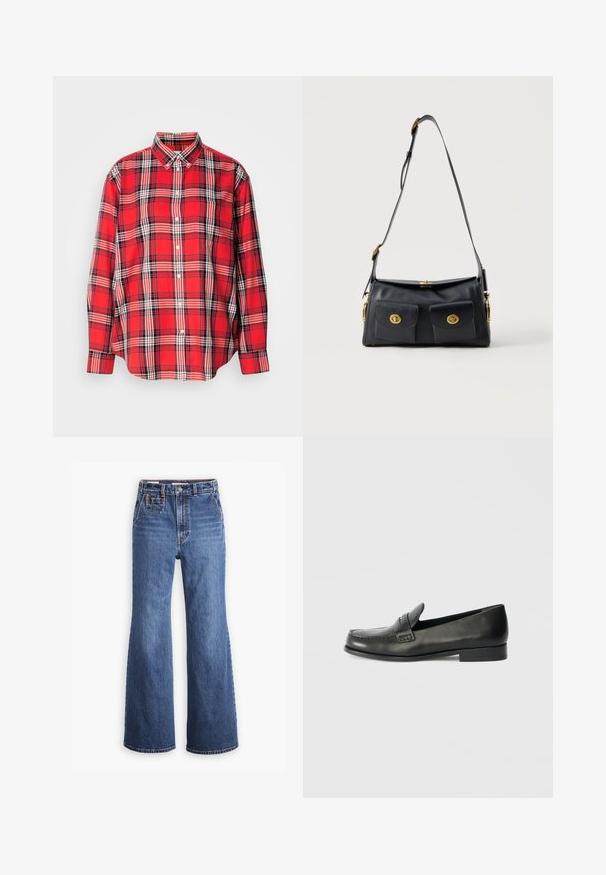 Camisa de cuadros rojos con cuello abotonado, mangas largas y un corte holgado. El patrón incluye rayas negras y blancas dentro del cuadro.; Pantalones vaqueros de denim azul de cintura alta con un diseño de pierna ancha, que cuentan con un bolsillo delantero, cierre de botón de bronce y costuras en contraste.; Mocasines de cuero negro con puntera redondeada, detalles de costuras elevadas y un tacón bajo apilado. Textura suave con un brillo sutil.; Bolso de hombro de cuero negro con dos bolsillos frontales y cierres de giro en tono dorado, correa ajustable y diseño minimalista.