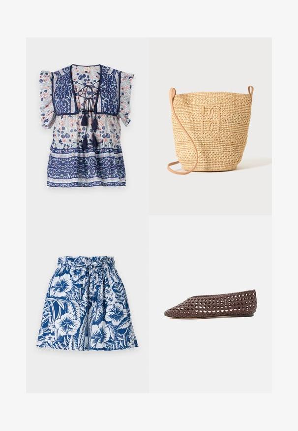 Blouse florale bleu marine avec manches bouffantes, un décolleté lacé, des franges et des motifs complexes en bleu clair et pêche, fabriquée en tissu léger.; Shorts à motif floral bleu et blanc avec une taille élastique, un détail de cordon de serrage et une coupe évasée. Fabriqués en tissu léger.; Chaussure plate marron avec un motif ajouré tissé et un bout rond fermé, vue de profil sur un fond clair.; Sac seau en paille tressée avec motif texturé et bandoulière en cuir, présenté debout sur un fond clair uni.