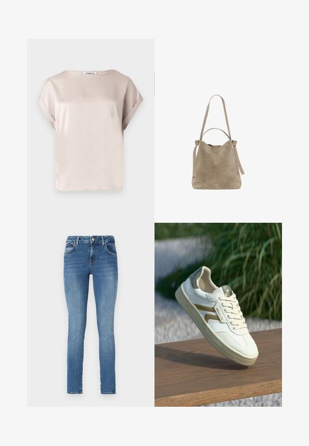 Beež lühikeste varrukatega satiinpluus, millel on rullitud varrukaotsad ja paadikaelus, brändist ONLY.; Peened jeans, mis sinine denim ja pleekinud viimistlus, millel on viis taskut, vöökohad ja lukuga nööp sulgemine.; Valged tenniset, millel on tekstureeritud pind, kuldsed detailid ja lamedad paelad, sujuva tallaga ning pehme kanna ja keelega.; Beežist seemisnahast õlakott kahe sangaga, üks pikk rihm ja üks lühike, millel on allosas peenelt esile toodud brändinimi.