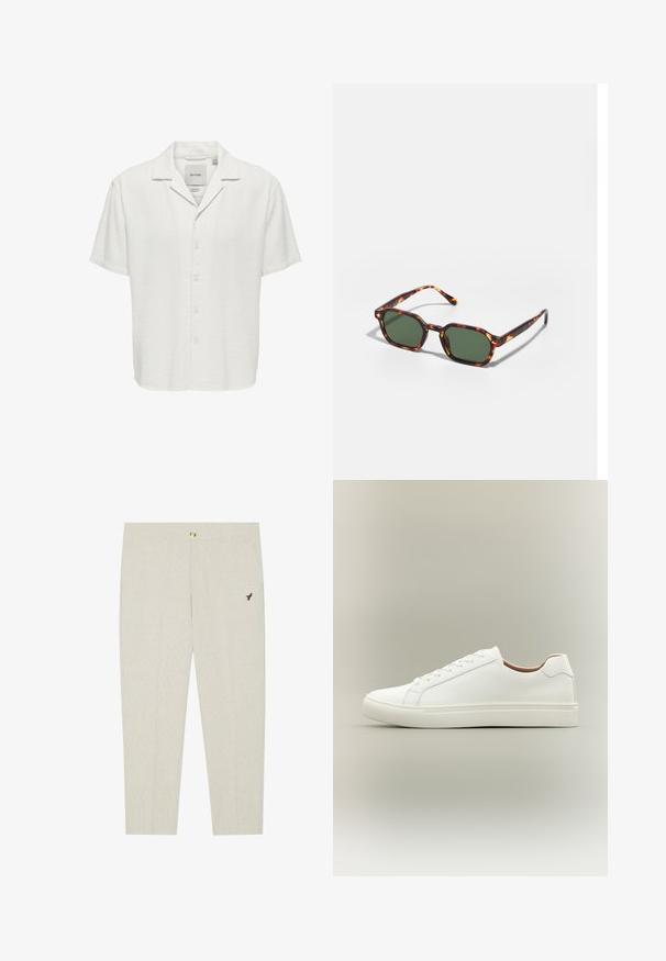 Chemise blanche à manches courtes à boutons, col camp et tissu texturé, portant l'étiquette "Only & Sons" à l’intérieur du col.; Pantalons ajustés beige clair avec une texture subtile, dotés d'une fermeture à bouton et d'un emblème sombre brodé près de la poche.; Baskets blanches basses avec fermeture à lacets et semelle plate, vues de côté sur un fond neutre.; Lunettes de soleil en écaille de tortue avec des verres verts, présentant une forme octogonale et des branches minces et courbées. Le matériau a une finition brillante.