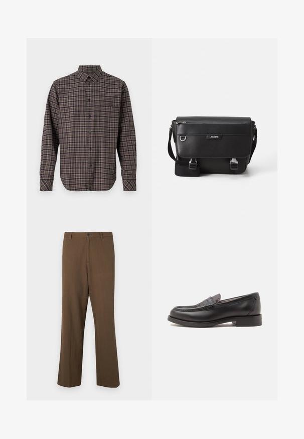 Chemise en flanelle à manches longues, de couleur vert foncé, avec un motif à carreaux comprenant des lignes roses et blanches, fermeture à boutons et une poche poitrine unique.; Pantalons marron à jambes droites en tissu texturé, avec une fermeture à bouton et une taille standard, dotés de poches latérales et de coutures ajustées.; Mocassin noir en cuir avec un petit talon et une partie supérieure texturée, affiché de profil sur un fond clair uni.; Sac messager Lacoste noir texturé avec bandoulière ajustable, rabat avant, poche zippée et fermetures à boucle en métal.