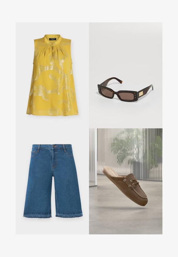 Ærmeløs gul bluse med metallisk sølv abstrakte blad mønstre, nøglehul udskæring med stofknap og løs pasform.; Blå denim shorts til knæene med frynset kant, frontknap og lommer på en ensfarvet hvid baggrund.; Brun ruskind slip-on loafer med snøredetaljer, svævende over en grå betongulv med slørede lodrette persienner i baggrunden.; Brune skildpaddesolbriller med kraftige rektangulære stel, bronze-tonede linser og guldmetal detaljer på stangen.
