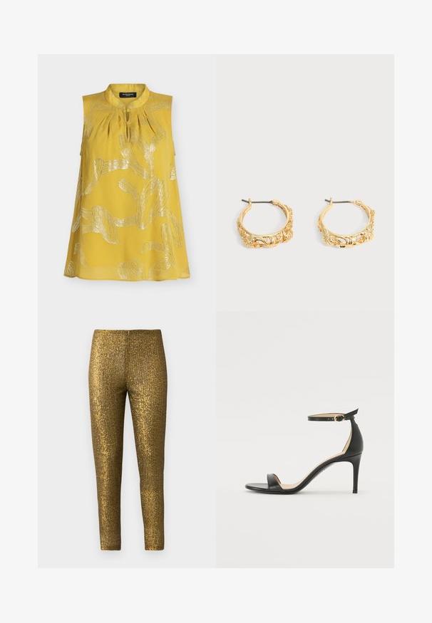 Blusa amarilla sin mangas con patrones abstractos de hojas metálicas plateadas, escote tipo ojo de cerradura con botón de tela y corte suelto.; Leggings metálicos dorados con un patrón de rayas verticales texturizadas. La tela tiene un acabado brillante y una silueta ajustada y esbelta.; Sándalo de tacón alto de piel negra con tiras en el tobillo. Presenta una textura suave, puntera abierta y un tacón delgado. Detalles de hebilla en tono dorado.; Par de pendientes de aro en tono dorado con grabados ornamentales de flores y hojas sobre un fondo neutro.
