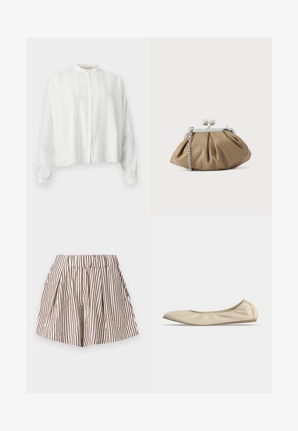 Blouse blanche à manches longues avec panneaux avant plissés et en dentelle, fermeture boutonnée, et col court montant.; Shorts rayés marron et blanc taille haute avec plis, une large ceinture élastique et une silhouette en ligne A.; Ballerine beige en cuir souple avec bout arrondi, profil latéral bas et semelle fine en caoutchouc sur fond blanc uni.; Pochette en cuir beige clair à la forme arrondie, texture plissée, fermeture à verrou argentée et bandoulière chaîne amovible.