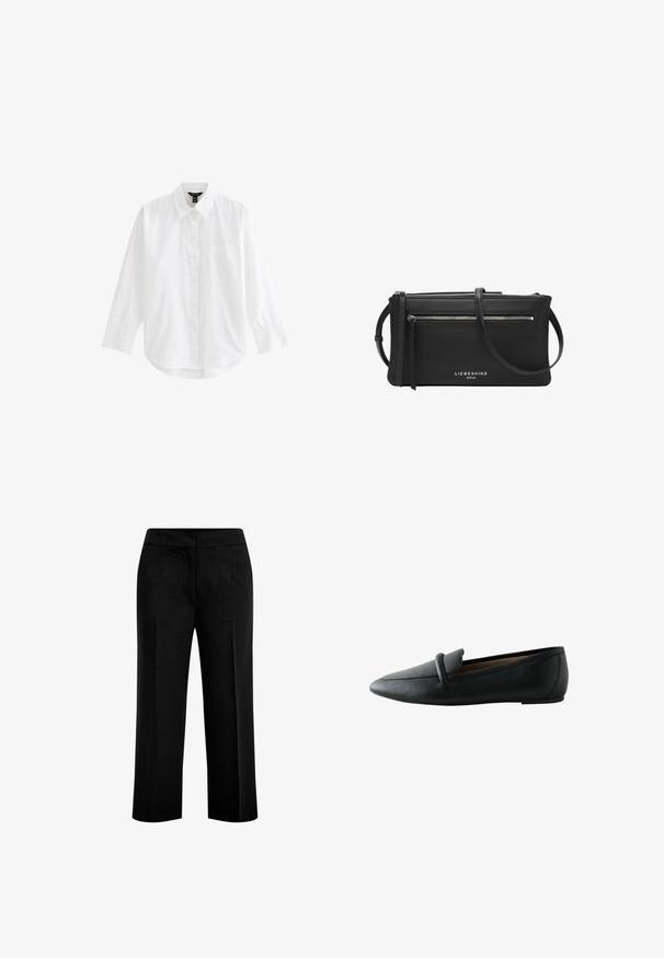 Camisa blanca de manga larga con botones, cuello y bolsillo delantero, mostrada sobre un fondo blanco liso.; Pantalones anchos y negros fabricados en un tejido suave, con dos bolsillos delanteros y una cinturilla plana. Diseño ajustado con una silueta limpia.; Mocasín plano de cuero negro con puntera redondeada y detalle de tira en la parte superior, visto de lado.; Bolso bandolera de cuero negro con bolsillo con cremallera plateada, correa larga ajustable y logotipo de "Liebeskind Berlin" en el frente.