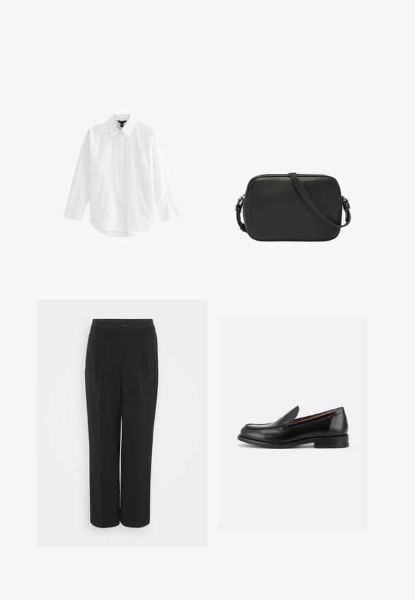Camisa blanca de manga larga con botones, cuello y bolsillo delantero, mostrada sobre un fondo blanco liso.; Pantalones negros de talle alto con una textura suave, frente plisado y cierre de botón único. Diseño de pierna ancha con bolsillos laterales.; Mocasín negro de piel sin cordones con tacón bajo, puntera redondeada y costuras estilo mocasín en la parte superior, mostrado desde el lado exterior.; Bolso cruzado de cuero rectangular negro con correa ajustable y sutil logo de la marca en relieve en el frente.