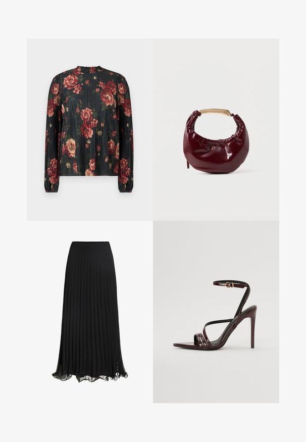 Gebloemde geplooide blouse met een donkere achtergrond en bloemen in rood en crème, een hoge hals en lange mouwen met elastische manchetten.; Zwarte geplisseerde maxi rok van lichtgewicht stof met een vloeiende ontwerp. Voorzien van een gerimpelde zoom en een elastische tailleband voor comfort.; Bordeaux gepatineerde leren hoge hakken sandaal met een enkelbandje, puntige neus en drie horizontale banden over de voet. Details met gouden gesp.; Bordeaux neplederen handtas met een ronde vorm, geplooide details en een handgreep van goudkleurig metaal. Gladde textuur en glanzende afwerking.