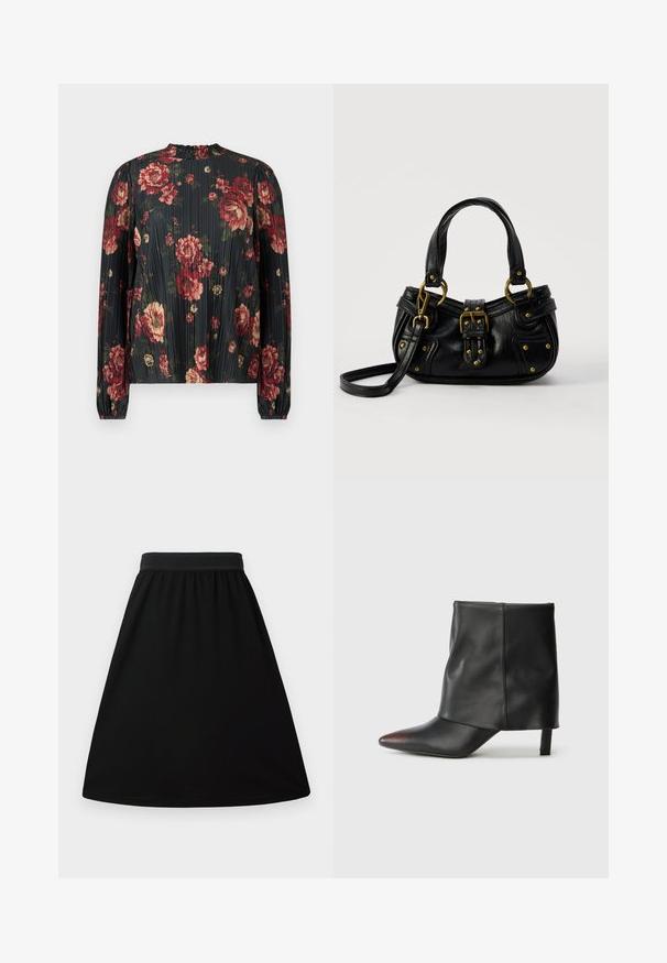 Gebloemde geplooide blouse met een donkere achtergrond en bloemen in rood en crème, een hoge hals en lange mouwen met elastische manchetten.; Zwarte A-lijn rok met een elastische tailleband, gemaakt van een gladde, lichte stof; heeft een eenvoudig, effen ontwerp zonder patronen.; Zwarte enkellaars van glad leer met een puntige neus en een taps toelopende hak. Het bovenwerk heeft een licht geplooid ontwerp.; Zwarte leren handtas met gouden gesp en klinknagel details, korte handvatten en een verstelbare schouderriem op een effen witte achtergrond.