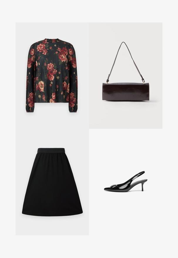 Blouse plissée à motifs floraux avec un fond sombre orné de fleurs rouges et crème, col haut, et manches longues avec poignets élastiques.; Jupe noire en A avec une taille élastique, fabriquée dans un tissu lisse et léger ; présente un design simple et uni sans motifs.; Escarpins slingback en cuir verni noir avec un bout pointu et une finition brillante. Présente un talon fin et un accent arrondi au dessus du pied.; Sac à main rectangulaire en cuir noir avec une longue bandoulière unique et une finition brillante, présenté sur un fond blanc uni.