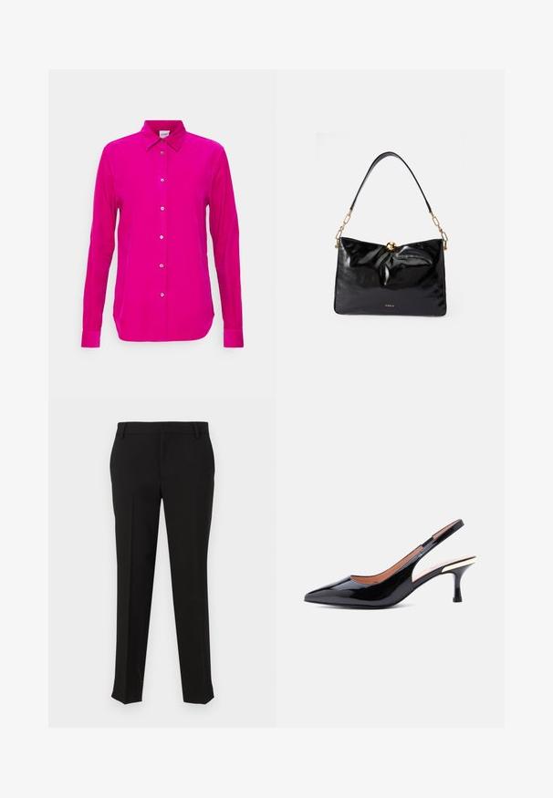 ASPESI CAMICIA - Blúzka so zapínaním na gombíky - ciclamino/cyclamen pink; Čierne sakové nohavice z hladkej látky, s rovnými nohavicami, pútkami na opasok a bočnými vreckami. Žiadne viditeľné vzory ani kovové prvky.; Čierny lodička na podpätku s odkrytým pätovým pásikom z lakovanej kože, so špicatou špičkou a stredne vysokým podpätkom, ozdobeným metalickým detailom pri päte.; Čierna kožená kabelka s hladkou textúrou, zlatými kovový doplnkami, detailom v tvare twist uzla a reťazovým popruhom. Na prednej strane sa nachádza logo "Furla".