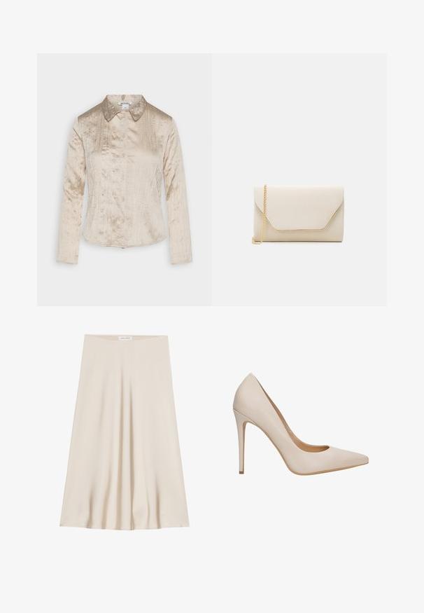 Monki Hemdbluse - beige dusty light; Ein knielanger Rock in cremefarbener Farbe, aus glattem Stoff, mit ausgestelltem Design und breitem Bund. Keine Muster oder Verzierungen vorhanden.; Beiger Leder-Pumps mit hohem Absatz, spitz zulaufender Schuhspitze, glatter Textur und schlankem Stiletto-Absatz. Minimalistisches Design ohne zusätzliche Verzierungen.; Beige Clutchbag mit glatter Textur, goldener Kettenriemen und einer Umschlagklappe im Stil eines Briefumschlags mit einem kontrastierenden goldenen Rand.