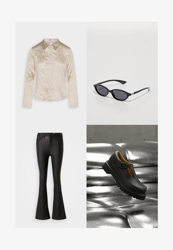 Monki Blusa - beige dusty light; Jeans acampanados negros hechos de una tela brillante y suave. Presentan una cintura alta, bolsillos frontales y un cierre de cremallera con botón.; Zapato Mary Jane de cuero negro con suela gruesa con estrías y correa con hebilla, flotando sobre una superficie plateada brillante acolchada con botones.; Gafas de sol negras con lentes ovalados, tinte oscuro degradado y varillas delgadas que presentan sutiles acentos dorados. Acabado de plástico suave.