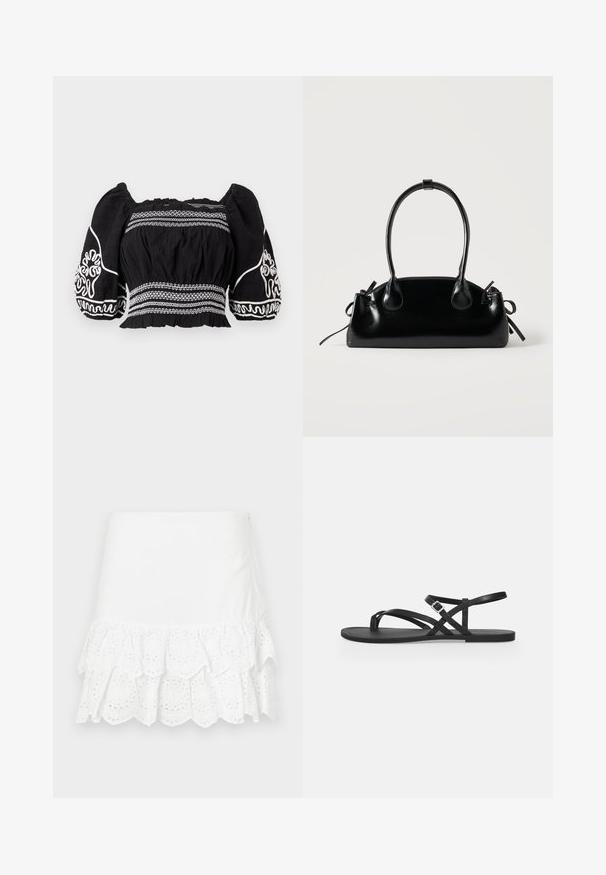Sort off-shoulder bluse med puffærmer, prydet med hvide broderede mønstre og tekstureret stof, med samlet talje og elastiske manchetter.; Hvid bomuldsnederdel med lagdelt flæse-design og øjelet broderi i kanten. Glat tekstur, længde over knæet.; Sort flad sandal med tynde stropper, tåloop og justerbar spænnelukning ved anklen på en ensartet lysegrå baggrund.; Lille sort blank håndtaske med to lange håndtag og snøre-detaljer i siden på en ensfarvet lys baggrund.