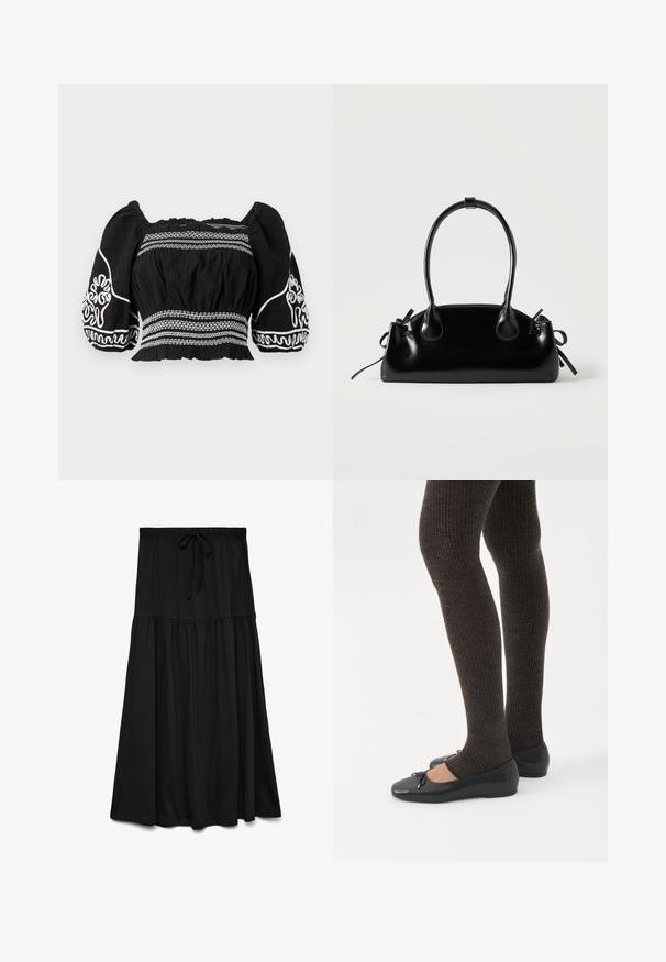 Blouse noire à épaules dénudées avec des manches bouffantes, ornée de motifs brodés blancs et d'un tissu texturé, taille froncée et poignets élastiques.; Jupe longue noire avec taille froncée et cordon ajustable, coupe ample et tissu doux.; Jambes portant des leggings côtelés foncés associés à des ballerines noires avec de petits détails en nœud sur fond blanc.; Petit sac à main noir brillant avec deux longues anses et des détails à cordon sur les côtés sur un fond clair uni.