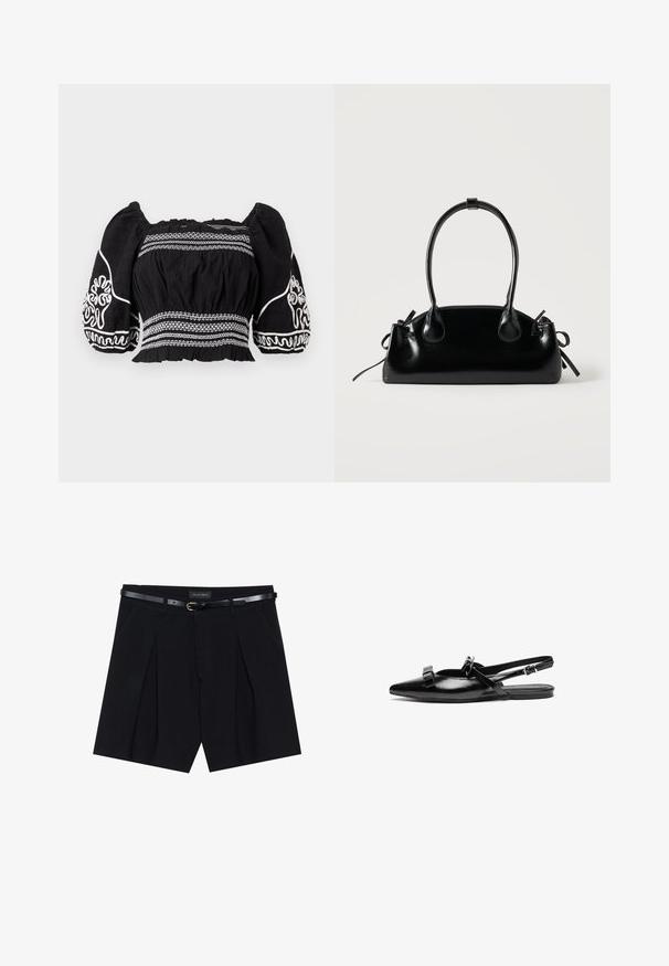Sort off-shoulder bluse med puffærmer, prydet med hvide broderede mønstre og tekstureret stof, med samlet talje og elastiske manchetter.; Sorte skræddersyede shorts med folder, udstyret med et slankt sort bælte med en gylden spænde. Fremstillet af et glat stof, der giver et poleret udseende.; Sort læderslingback flad sko med spids tå, prydet med volangdetaljer på bæltet og justerbar ankelrem. Glat overfladetextur.; Lille sort blank håndtaske med to lange håndtag og snøre-detaljer i siden på en ensfarvet lys baggrund.