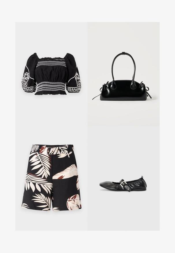 Sort off-shoulder bluse med puffærmer, prydet med hvide broderede mønstre og tekstureret stof, med samlet talje og elastiske manchetter.; Sorte shorts med et tropisk bladmønster i beige og rustfarvede nuancer. Har et matchende bælte med guldfarvet hardware og en klassisk pasform.; Sorte læder flade sko med spids tå, samling detaljer omkring åbningen, og en sølv spænde accent på den justerbare rem.; Lille sort blank håndtaske med to lange håndtag og snøre-detaljer i siden på en ensfarvet lys baggrund.