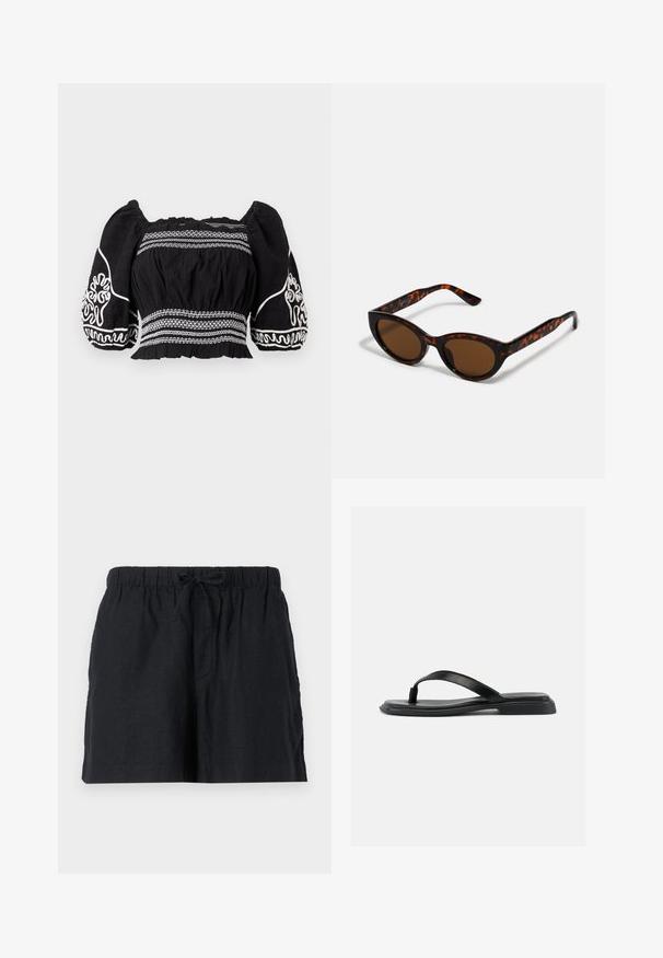Blouse noire à épaules dénudées avec des manches bouffantes, ornée de motifs brodés blancs et d'un tissu texturé, taille froncée et poignets élastiques.; Shorts en lin noir avec une taille élastique et un cordon de serrage. Comprend des poches latérales et un design à coupe décontractée.; Sandale noire plate en forme de tongs avec une bride texturée et un talon légèrement surélevé, montrée en profil latéral sur un fond clair uni.; Lunettes de soleil en écaille de tortue marron avec une forme vintage de lunettes cat-eye et des verres marron. Présente des branches courbées avec des accents rouges.