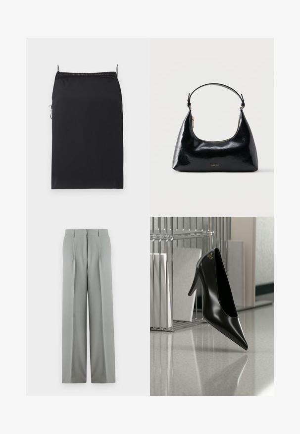 Schwarzes Slip-Kleid mit verstellbaren Trägern, Spitzenbesatz am Ausschnitt, glattem Stoff, schlanker Passform, Reißverschluss seitlich, mittlere Oberschenkellänge.; Helle graue weite Hosen aus glattem Stoff, mit hoher Taille, gefaltetem Vorderteil und zwei Gesäßtaschen mit Gürtelschlaufen.; Schwarzer High-Heel-Schuh mit spitzer Zehe und goldem Logo, auf einer reflektierenden Oberfläche nahe einem verchromten Draht-Organizer mit Dokumenten positioniert.; Schwarze, glänzende Calvin Klein Handtasche mit goldfarbenem Reißverschluss und kurzem Trageriemen vor schlichtem weißem Hintergrund.