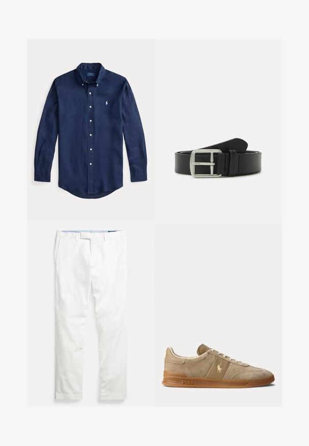 Tmavomodrá košeľa s dlhým rukávom, bielymi gombíkmi, golierom zapínateľným na gombíky a malým bielym logom Polo Ralph Lauren na hrudi.; Biele bavlnené chinos nohavice s plochým predným dielom, pútkami na opasok, bočnými vreckami a hladkou textúrou, s modrým vnútorným pásom.; Béžové nízke tenisky z brúseného semišu a kože s gumovou podrážkou, bielymi šnúrkami a logom Polo na boku a na podrážke.; Čierny kožený opasok so striebornou kovovou prackou, hladkou textúrou a elegantným dizajnom s ostrým koncom a prešívanými detailmi.