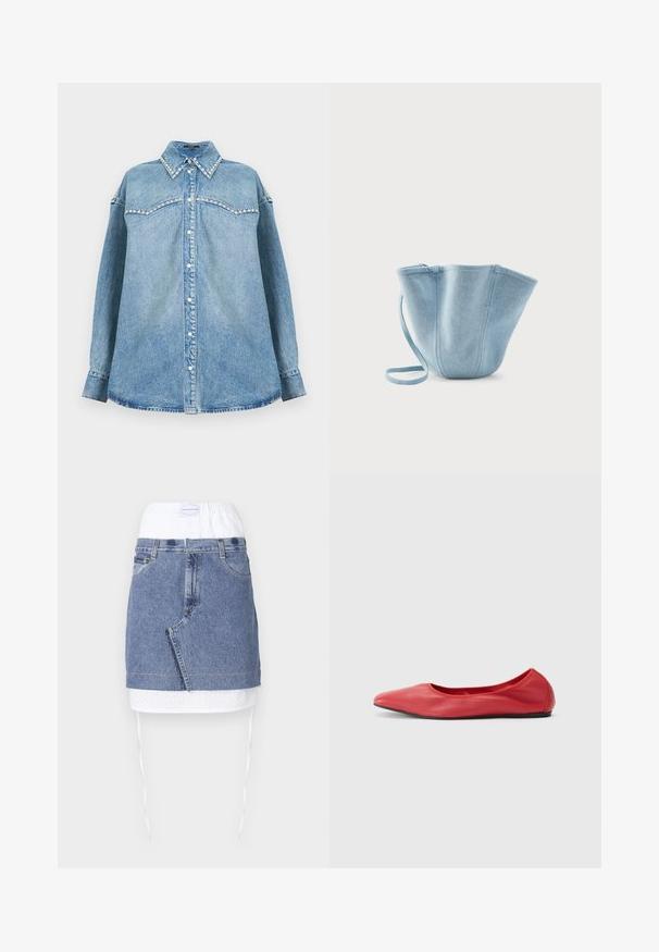 Lyseblå denim skjorte med lange ærmer med perler prydet krave og bærestykke, knaplukning foran og lige kant på en hvid baggrund.; Denim nederdel med en blå krop, hvid perforeret talje og snoretræk. Har forlommer og en lige pasform med rå kant.; Filippa K REY FLATS - Ballerinasko - bright red; Lyseblå stofhåndtaske med lang strop, bred åbning øverst og stikninger i lodrette sømme, sat mod en ensfarvet hvid baggrund.