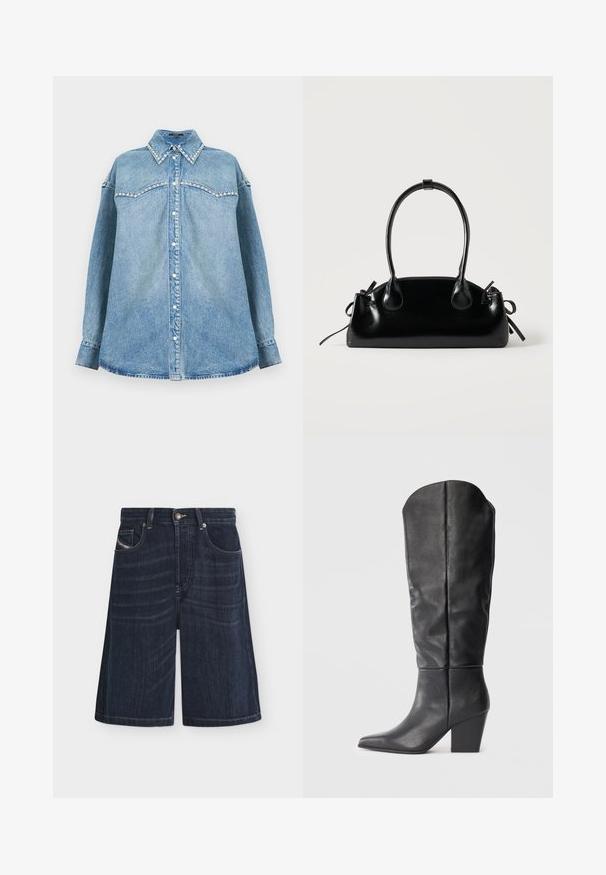 Chemise en denim bleu clair à manches longues avec col et empiècement ornés de perles, boutonnage devant et ourlet droit sur fond blanc.; Short en denim bleu foncé avec poches avant, passants de ceinture, fermeture par bouton et détails de couture visibles.; Bottes noires en cuir, montant jusqu'au genou, avec un bout pointu et un talon épais. Le design présente une texture lisse et des lignes minimalistes.; Petit sac à main noir brillant avec deux longues anses et des détails à cordon sur les côtés sur un fond clair uni.