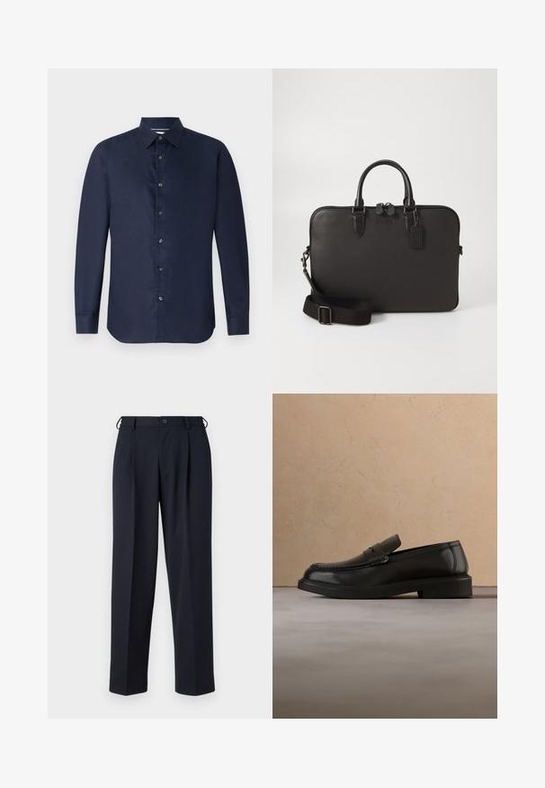 Navy lange mouwen shirt met een button-down kraag, gladde textuur en een knoopsluiting aan de voorkant; beschikt over een getailleerde pasvorm en een afgeronde zoom.; Donkerblauwe op maat gemaakte broek met knoop- en ritsluiting aan de voorkant, riemlussen en zijzakken, getoond op een witte achtergrond.; Zwarte leren loafer die boven een beige geweven kleed zweeft, met een houten ronde tafel en een bank op de achtergrond.; Zwarte leren laptoptas met een gestructureerde afwerking, bovenhandvatten en een afneembare schouderriem. Bevat metalen hardware en een label.