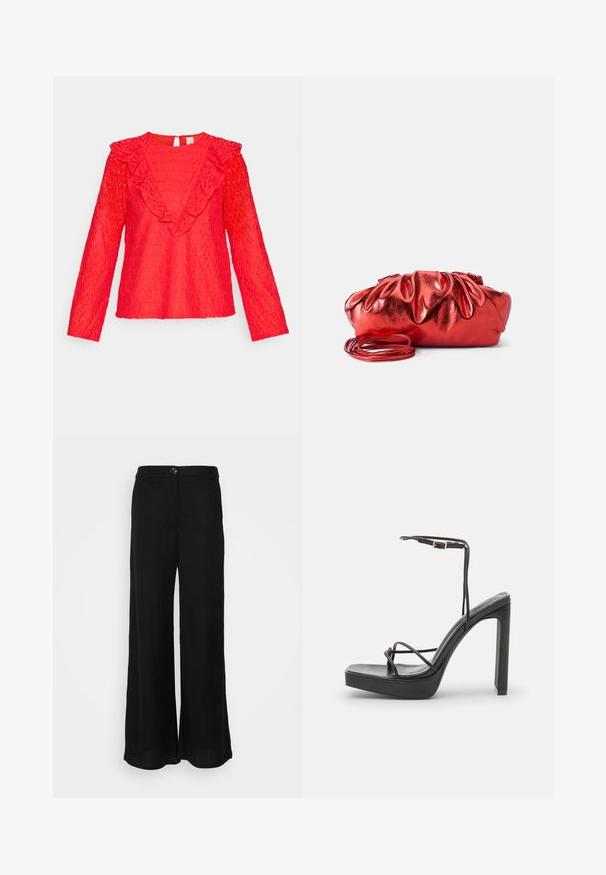YAS YASMARLIN TOP - Bluse - mars red; Sorte bukser med bred ben, lavet af letvægtsstof, der har en glat tekstur, frontknaplukning og sidelommer.; DeeZee Højhælede sandaletter / Højhælede sandaler - black; Rød metallisk håndtaske med en samlet, puffy design. Har en lang, tynd skulderrem og en glat, blank tekstur.