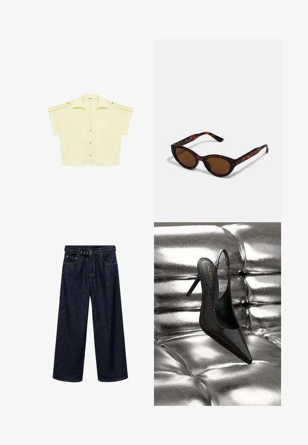 Camisa de manga corta color crema con botones, cuello y trabillas en los hombros, mostrada plana sobre un fondo blanco.; Vaqueros de pierna ancha de color azul oscuro, hechos de denim. Cuentan con una cinturilla con cinturón que incluye múltiples botones, bolsillos frontales y un acabado limpio en los dobladillos.; Zapato de tacón alto con textura de cocodrilo negro, con tira trasera y puntera afilada, sobre una superficie plateada brillante acolchada.; Gafas de sol de carey marrón con una forma vintage de ojo de gato y lentes marrones. Presentan brazos curvados con acentos rojos.