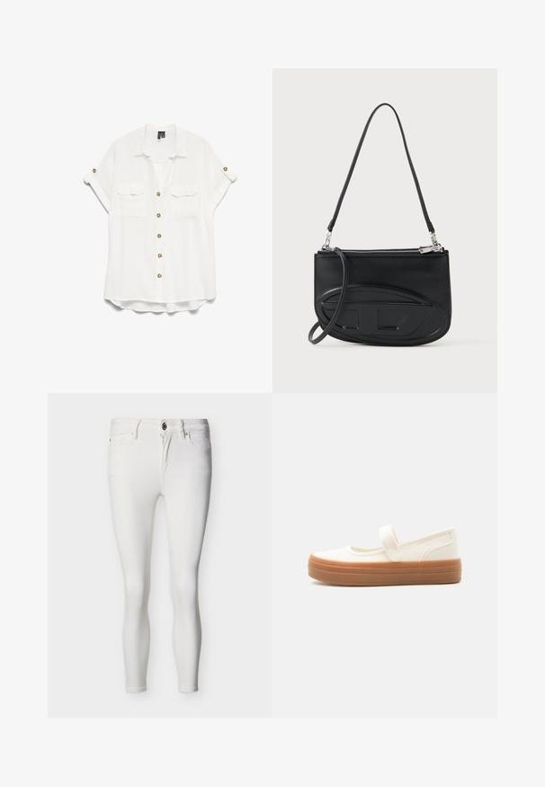 Chemise blanche à manches courtes avec deux poches à rabat sur le devant et boutons en écaille de tortue, manches retroussées et maintenues par une patte boutonnée.; Jean blanc slim fit avec fermeture à boutons et fermeture éclair, poches avant et passants pour ceinture, présenté sur un fond neutre.; Chaussure Mary Jane en toile blanche avec une épaisse semelle en caoutchouc marron et une bride unique sur le dessus.; Sac en cuir noir avec une longue bandoulière, présentant une surface lisse et un motif en relief. Fermeture éclair sur le dessus.