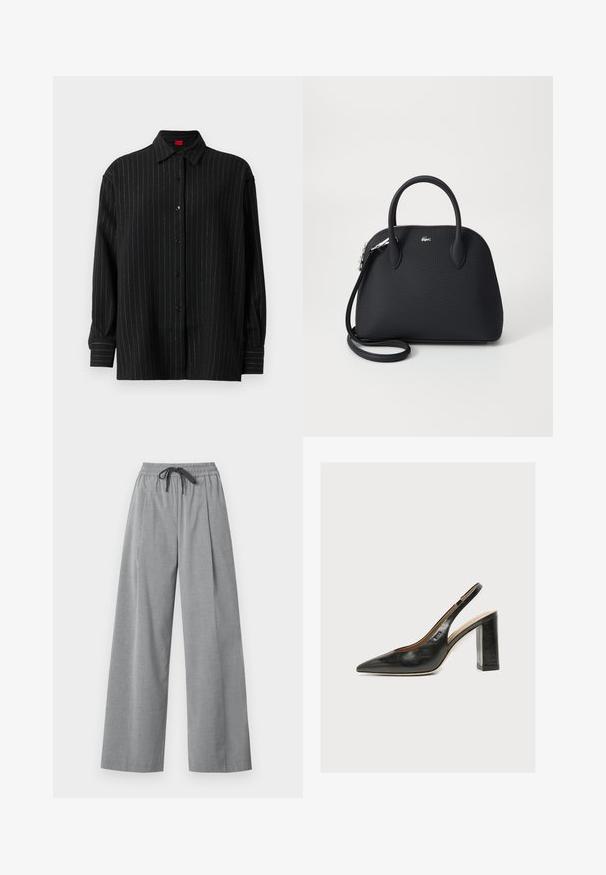 Chemise noire à manches longues, avec des rayures verticales blanches fines, col classique et poignets boutonnés.; Pantalon gris clair à jambes larges avec taille élastique et cordon noir, fabriqué en tissu lisse, présenté sur fond blanc.; Escarpin slingback en cuir noir pour femme avec bout pointu et talon bloc épais et haut sur fond blanc.; Sac à main noir en matériau texturé, doté de deux poignées supérieures et d'une bandoulière amovible, avec un accent logo en argent.