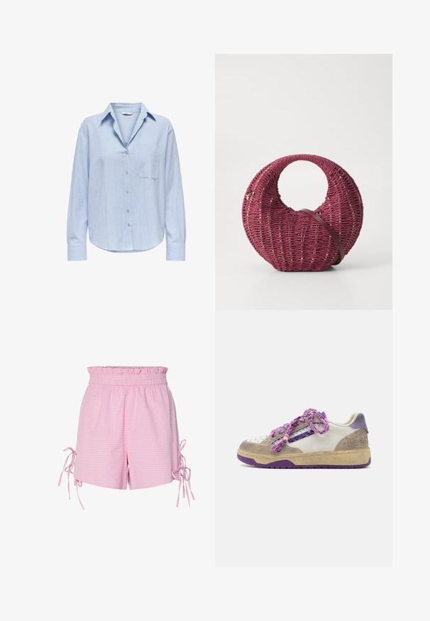 Lichtblauw overhemdsblouse met een kraag, lange mouwen, een borstzak en een subtiel gestreept patroon. Gladde stof met een relaxte pasvorm.; Roze geruite shorts met een gerimpelde elastische tailleband en strikaccenten aan de zijkanten. Gemaakt van een lichtgewicht, gestructureerde stof.; ARIZONA LOVE Sneakers laag - violet; Ronde, geweven tas in diep bordeauxrood met een gladde, bruine schouderband. Bevat gouden accenten en een gestructureerd oppervlak met gelijkmatig verdeelde openingen.
