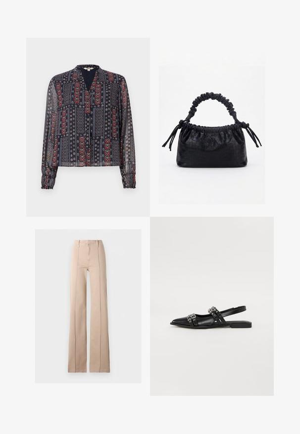 Gennemsigtig marineblå bluse med lange ærmer, knapper foran og mønster med røde, hvide og blå blomster og blade.; Beige viddebukser med højtaljet snit, forsynede med fremadrettede syninger, bæltestropper og lynlås foran på en ensfarvet baggrund.; Even&Odd by Zalando Slingback-ballerinasko - black; Sort taske med krokodilletekstur, rynket øverste kant, samlet hank og snore med kvaster på hver side mod en hvid baggrund.