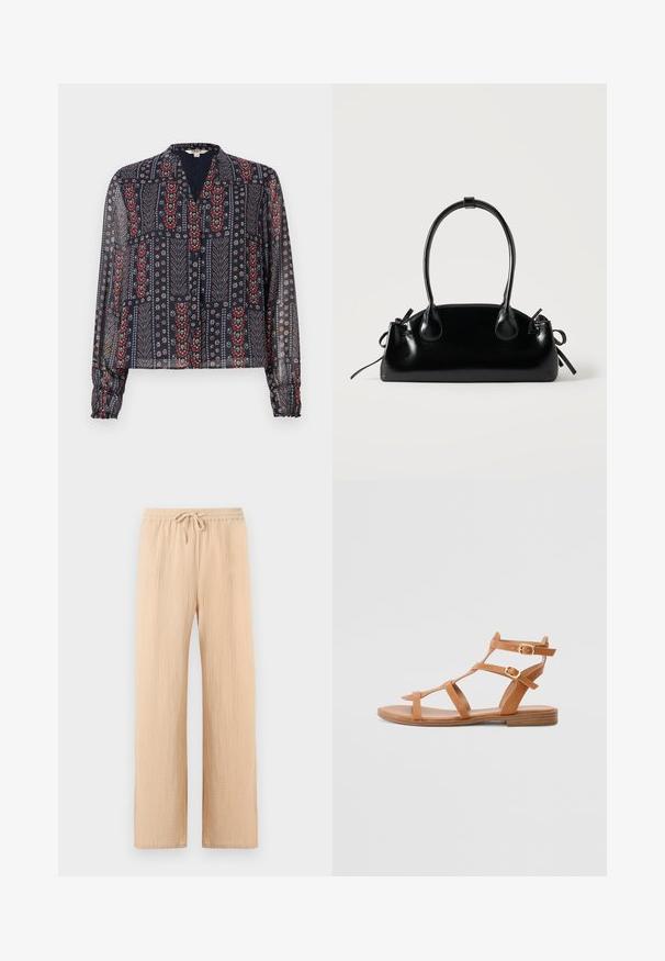 Blouse marine translucide à manches longues, boutonnée sur le devant, avec un motif floral et feuilles rouge, blanc et bleu.; Pantalon beige à jambes larges avec tissu texturé, taille élastique et cordon de serrage à l'avant.; Sandales en cuir marron avec plusieurs sangles, hauteur cheville, et deux fermetures à boucle réglables, présentant une semelle plate et un design minimaliste.; Petit sac à main noir brillant avec deux longues anses et des détails à cordon sur les côtés sur un fond clair uni.