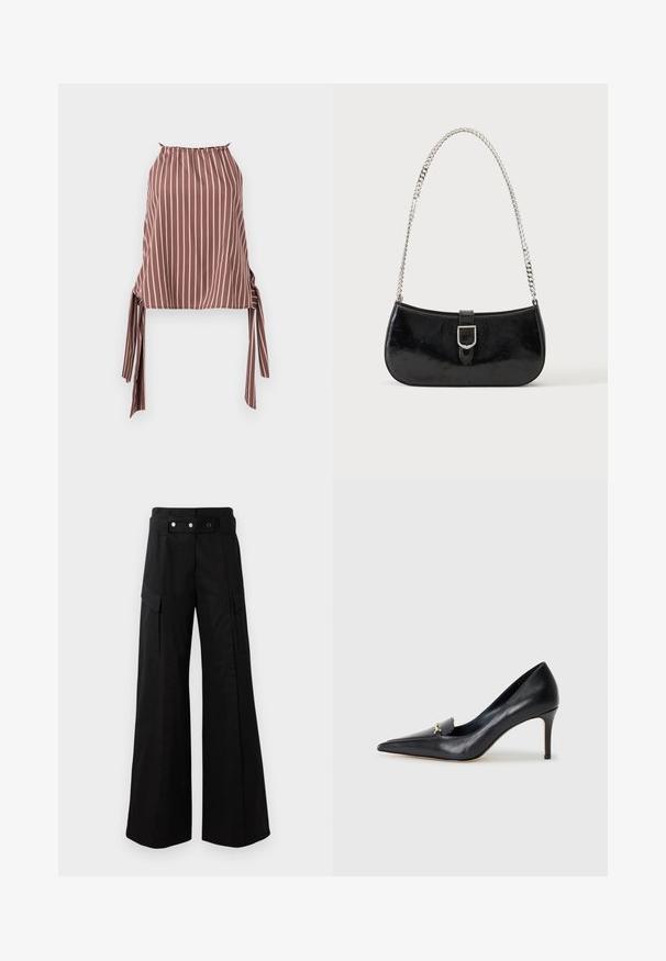 Top marrón sin mangas con cuello halter, rayas blancas verticales y lazos laterales sobre un fondo neutro.; Pantalones anchos negros de cintura alta, con grandes bolsillos laterales, dos botones frontales y un detalle de lazo. Hechos de un tejido resistente.; Zapato de piel negra con punta afilada, escote bajo y un detalle decorativo dorado. Cuenta con un tacón de aguja y textura suave.; Bolso de hombro de charol negro con detalle de hebilla plateada y correa de cadena plateada, presentado sobre un fondo liso y claro.