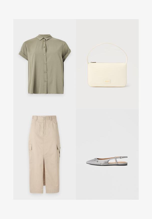 Korte mouwen, olijfgroen button-up shirt gemaakt van lichtgewicht stof, met een klassieke kraag en opgerolde mouwen.; Beige cargorok van katoen, met een split aan de voorkant, opgestikte zakken aan de zijkanten en een knoopsluiting in de taille. Zachte textuur overal.; Zilverkleurige slingback platte schoen met een spits toelopende neus, een gestructureerde afwerking en decoratieve zilveren versieringen op de voorste band.; Roomkleurige rechthoekige handtas met een enkele draagband en een ritssluiting aan de bovenkant, met een klein ingegraveerd logoplacaat op de voorkant.