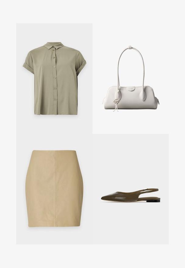Camisa de botones de manga corta en verde oliva, hecha de tejido ligero, con un cuello clásico y puños doblados.; Falda mini de cuero beige con un diseño ajustado, textura suave y una costura central que corre verticalmente por la parte posterior.; Zapato plano de tacón bajo y tira trasera en punta de color verde oliva con acabado liso y brillante.; Bolso de hombro blanco de Calvin Klein con asas largas, forma rectangular, cierre de cremallera y charm decorativo con el logo colgando cerca del asa.