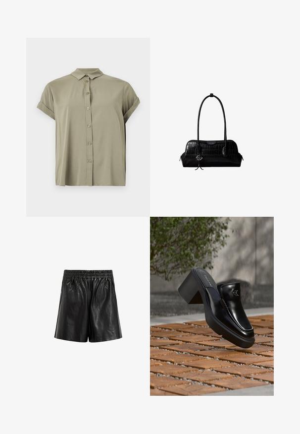 Chemise à manches courtes, verte olive, avec boutons, fabriquée en tissu léger, dotée d'un col classique et de poignets retroussés.; Shorts en cuir noir avec une taille élastique, présentant une texture lisse, des jambes larges et sans poches ni embellissements visibles.; Mule slip-on en cuir noir Calvin Klein avec talon bloc reposant sur des carreaux en bois à l'extérieur près d'une plante verte et d'un mur gris.; Sac à épaule en cuir noir à texture crocodile, avec de longues sangles et un petit charm logo argenté sur une sangle.