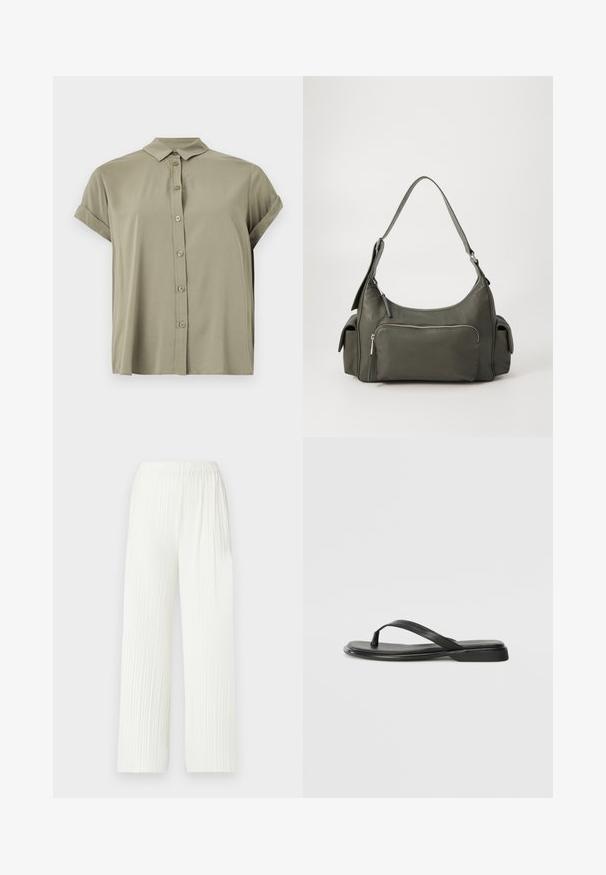 Chemise à manches courtes, verte olive, avec boutons, fabriquée en tissu léger, dotée d'un col classique et de poignets retroussés.; Pantalons larges plissés blancs avec une taille élastique. Fabriqués en tissu léger, dotés de rayures verticales et d'une coupe fluide.; Tongs noires en cuir lisse, avec un design de sangle fine et une semelle plate à profil minimal. Aucun motif ou accent notables.; Sac à épaule en cuir vert avec un design arrondi, poche zippée à l'avant et poches supplémentaires sur les côtés. Texture lisse et matériel minimal.