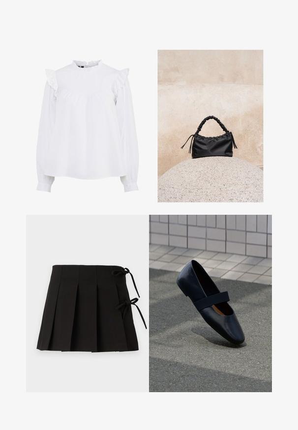 Weiße Baumwollbluse mit hohem Kragen, rüschierten Schultern und langen Ärmeln mit gerafften Bündchen. Weicher Stoff und schlichtes Design.; Schwarzer, gefalteter Rock mit Seitenschnüren, hergestellt aus einem glatten Stoff; verfügt über ein strukturiertes Design und klare Linien.; Schwarze Leder-Ballerina mit runder Zehenpartie, ausgestattet mit einem weichen schwarzen Elastikband über dem Vorderfuß. Glatte Textur und minimalistisches Design.; Schwarze geraffte Handtasche mit einem gesammelten Griff, die auf einer strukturierten Steinkugel vor einem beigen Betonwand-Hintergrund liegt.