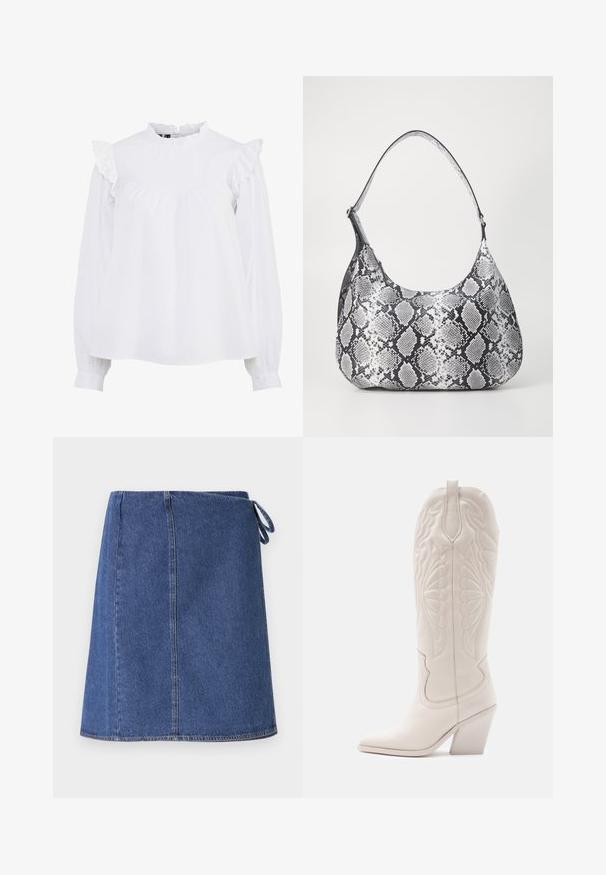Hvid bomuldsbluse med høj hals, rynkede skuldre og lange ærmer med gathered manchetter. Blød tekstur og enkelt design.; Denim indpakningsskørt i mørkeblå. Har en lige snit, synlige syninger og et sideløkke til justering. Glat tekstur og standard kant.; Hvide læder cowboystøvler med spidse tæer og blokhæle. Har intrikate syninger på skaftet og en glat tekstur.; Sort-hvid slangemønster skuldertaske med en rund form, glat tekstur og en buet rem. Har et sølvfarvet hardware-accents.