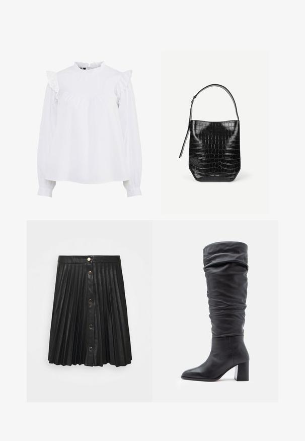 Hvid bomuldsbluse med høj hals, rynkede skuldre og lange ærmer med gathered manchetter. Blød tekstur og enkelt design.; VILA VIAMINA BUTTON SKIRT - Mini skirts - black; Sorte læderknæhøje støvler med et slouchy design, spidse tæer og en kraftig blokhæl. Har en glat tekstur med minimale accenter.; Sort spandtaske i krokodillepræget læder med enkelt skulderrem og lille sølvfarvet mærkelogo foran nederst i midten.
