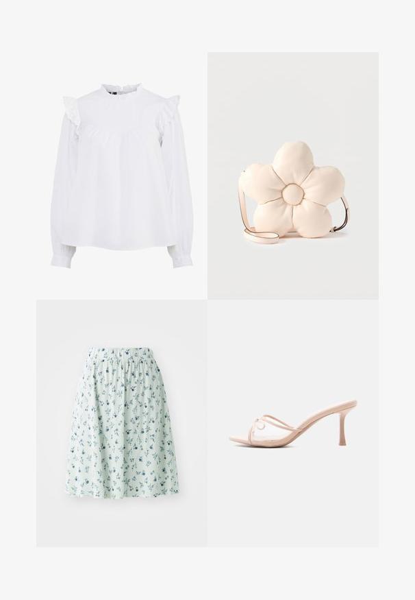 Blusa de algodón blanca con cuello alto, hombros con volantes y mangas largas con puños fruncidos. Textura suave y diseño sencillo.; Falda floral con cintura elástica, hecha de tela ligera. Presenta una base verde menta con pequeños patrones florales azules y blancos en toda la prenda.; Zueco de tacón alto beige con tiras transparentes y un delicado lazo en la parte superior, visto de lado sobre un fondo blanco.; Bolso bandolera de cuero color crema con forma de una flor grande y acolchada de cinco pétalos, con una correa delgada ajustable.