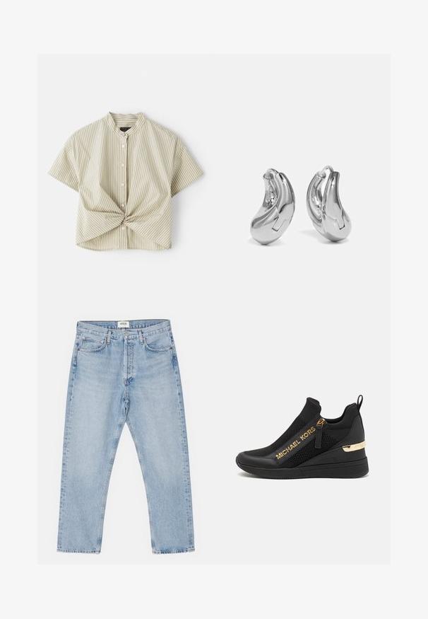 Kortærmet skjorte med krave i lysegrøn med hvide lodrette striber; har en tvistet frontdetalje og knaplukning. Glat stofstruktur.; Lysblå denimjeans med en klassisk lige skåret ben, fem lommer og knaplukning, der har en subtil falmet effekt og en robust tekstur.; Sorte atletiske sneakers med mesh-paneler, gulllogo-detaljer, slip-on design og en kilehæl for ekstra højde. Gummisål.; Sølvøreringe med en buet, blank finish og et sømløst design. Har en hængsellukning for sikker bæring.