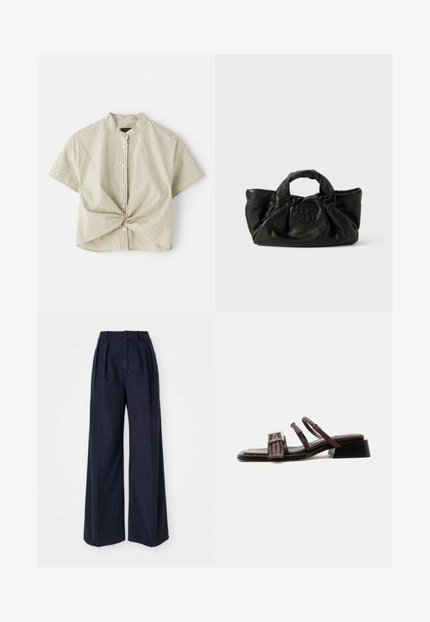 Blouse légère à manches courtes et col couleur vert clair avec des rayures verticales blanches ; présente un détail avant torsadé et une fermeture à boutons. Texture de tissu lisse.; Un pantalon large bleu marine en coton, avec des plis à l'avant, une taille haute et une fermeture éclair avec un bouton.; Sandale en cuir marron avec bride avant tissée, deux fines brides de cheville avec boucle, talon bloc bas et bout carré.; Sac à main en cuir noir avec un design doux et plissé. Présente un logo texturé à l'avant et deux poignées robustes pour le transport.
