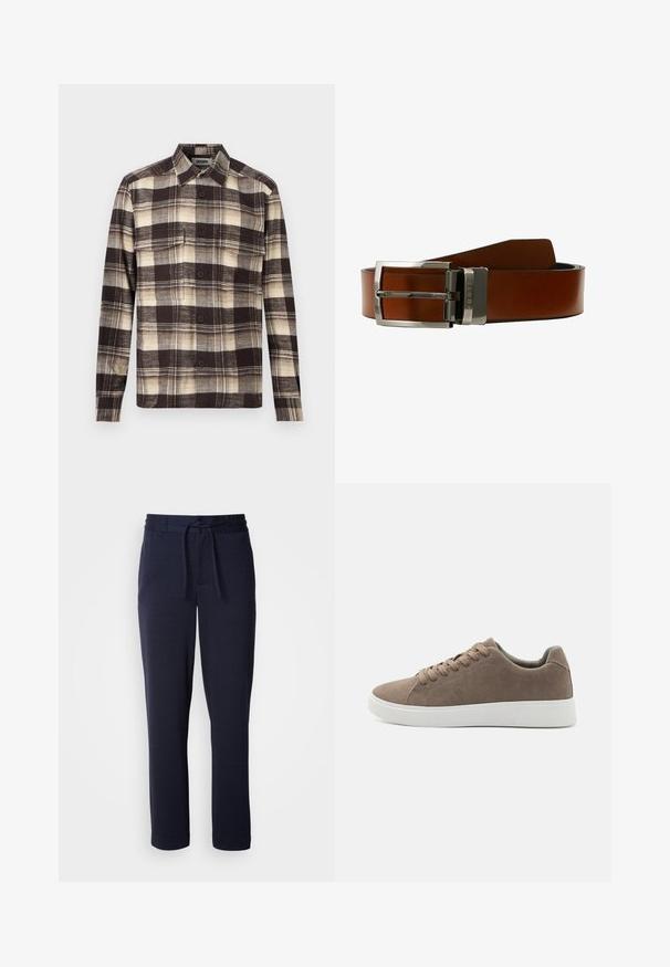 Button-up flanellen overhemd met bruin, beige en crèmekleurig geruit patroon, lange mouwen, twee borstzakken en een kraag.; Donkerblauwe joggers van zacht materiaal, met een elastische tailleband en een trekkoord, tapse pijpen en zonder zichtbare patronen of zakken.; Bruine suède sneakers met platte witte rubberen zolen, vetersluiting, ronde neus en een gladde textuur. Minimalistische stijl met subtiele stikdetails.; Bruine leren riem met een gladde afwerking, voorzien van een zilveren metalen gesp en een logo-accent. Het ontwerp is eenvoudig en klassiek.