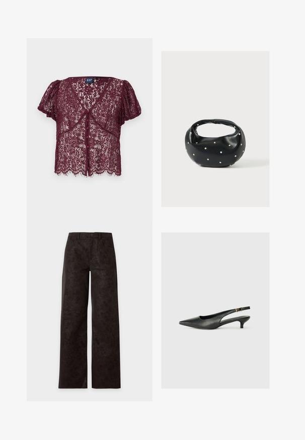 Haut en dentelle bordeaux avec manches courtes bouffantes, encolure en V et fermeture boutonnée. Il présente des motifs floraux et un ourlet festonné.; Pantalon en cuir marron foncé à jambes larges avec poches avant, passants pour ceinture et fermeture par bouton sur un fond uni clair.; Chaussure slingback noire à bout pointu en cuir lisse. Présente un talon fin et un détail de boucle sur la sangle réglable.; Sac à main en cuir noir de forme arrondie, décoré de clous argentés et équipé d'une poignée courte. Texture lisse et fermeture éclair.