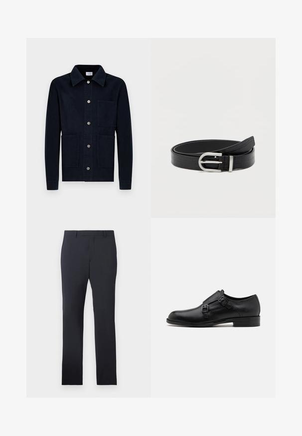 Donker marineblauwe jas met knoopsluiting, spitse kraag en drie voorzakken op een witte achtergrond.; Navy formele broek van gladde stof. Kenmerken een flat front, riemlussen en zijzakken, met een op maat gemaakte rechte pasvorm.; Zwarte leren dresschoen met dubbele gespen, slank silhouet en ronde neus. Kenmerkt zich door een lage hak en een gladde textuur.; Zwarte faux leren riem met krokodillenstructuur en een ronde zilveren gesp, opgerold op een effen witte achtergrond.