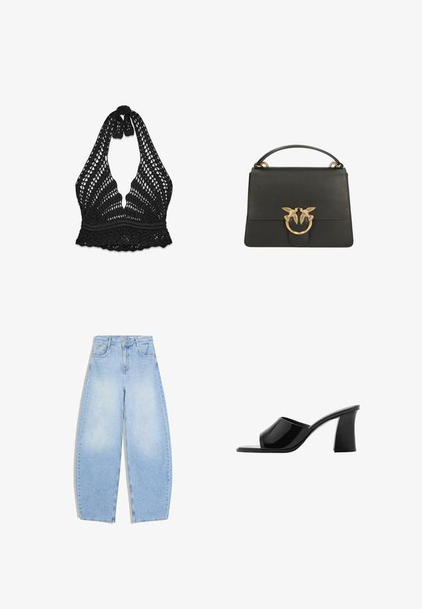 Top dos nu noir en crochet avec ourlet festonné et motif ajouré, noué au cou avec un nœud.; Jean large taille haute bleu clair avec bouton sur le devant, fermeture éclair et style cinq poches sur fond blanc.; Sandales à talons ouverts noires avec une finition brillante en vernis, bout carré et design à talon épais. Silhouette élégante et texture lisse.; Sac à main en cuir noir avec un design structuré, doté d'un fermoir en anneau doré avec deux accents d'oiseaux, et d'une anse supérieure pour le transport.