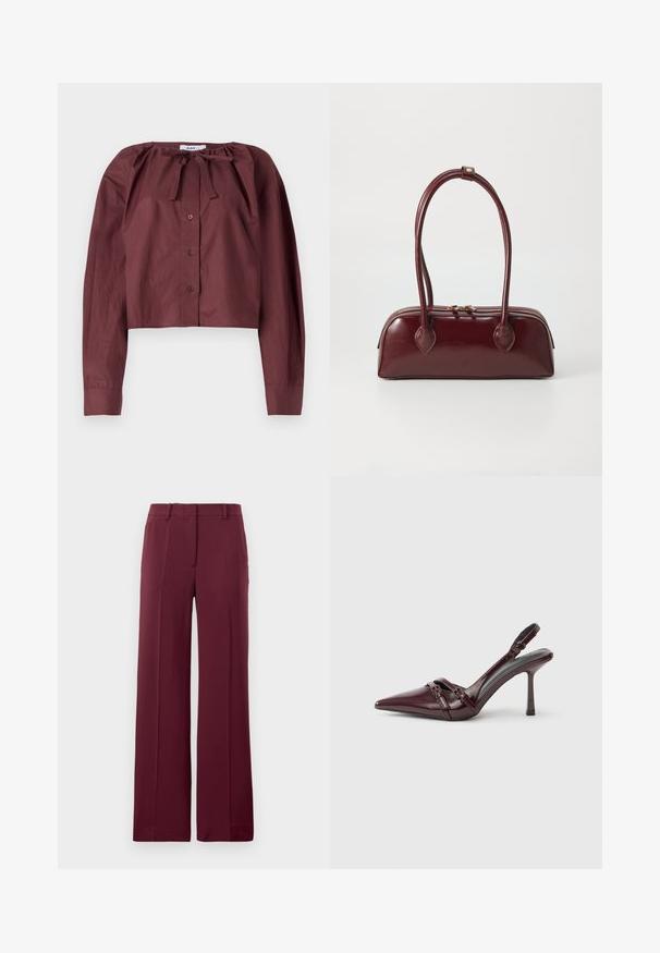 Bordo lühike blousee kerge kangast, millel on lipsu kaelus, pikad varrukad ja esine nupulukuga. Sile tekstuur minimaalsete detailidega.; Burgundi värvi laiad püksid, mis on valmistatud siledast kangast, omavad siledat esiosa, vöökohasid ja on kohandatud disainiga, millel on voldikute detail.; Burgundia lakknahast slingback-kontsaga kingad terava nina, õhukese pahkluu rihma ja väikese dekoratiivse pandlaga. Sile tekstuur ja kõrge konts.; Burgundia nahast käekott, millel on kaarjas kuju, topeltkäepidemed, lukuga sulgemine ja peened õmblusdetailid. Sile, kõrgläikega viimistlus.